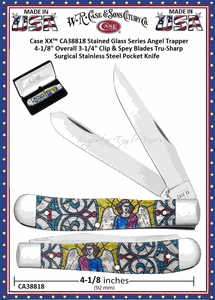 W.R. Case & Sons Cutlery CA38818 Case XX� Stained Glass Series Angel Trapper 4-1/8" Overall 3-1/4" Clip & Spey Blades Tru-Sharp Surgical Stainless Steel Pocket Knife 