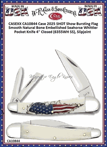 W.R. Case & Son's Cutlery CA10844 Case 2025 SHOT Show Bursting Flag Smooth Natural Bone Embellished Seahorse Whittler Pocket Knife 