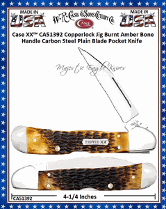 W.R. Case & Sons Cutlery CA51392 Case XX� Copperlock Jig Burnt Amber Bone Handle Carbon Steel Pocket Knife