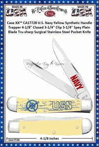 W.R. Case & Sons Cutlery CA17728 Case XX� U.S. Navy Yellow Synthetic Handle Trapper 4-1/8" Closed 3-1/4" Clip 3-1/4" Spey Plain Blade Tru-sharp Surgical Stainless Steel Pocket Knife 