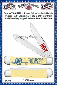 W.R. Case & Sons Cutlery CA17728 Case XX™ U.S. Navy Yellow Synthetic Handle Trapper 4-1/8" Closed 3-1/4" Clip 3-1/4" Spey Plain Blade Tru-sharp Surgical Stainless Steel Pocket Knife W.R. Case & Sons Cutlery CA17728 Case XX™ U.S. Navy Yellow Synthetic Handle Trapper 4-1/8" Closed 3-1/4" Clip 3-1/4" Spey Plain Blade Tru-sharp Surgical Stainless Steel Pocket Knife