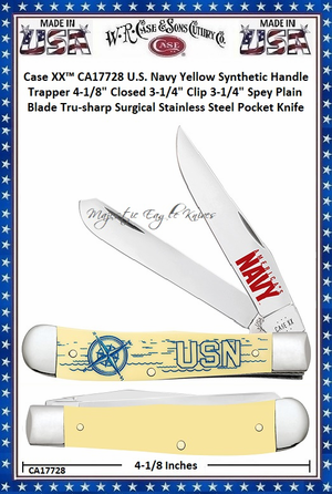W.R. Case & Sons Cutlery CA17728 Case XX� U.S. Navy Yellow Synthetic Handle Trapper 4-1/8" Closed 3-1/4" Clip 3-1/4" Spey Plain Blade Tru-sharp Surgical Stainless Steel Pocket Knife 