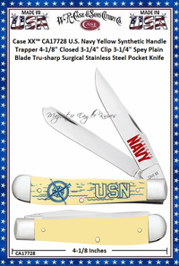 W.R. Case & Sons Cutlery CA17728 Case XX™ U.S. Navy Yellow Synthetic Handle Trapper 4-1/8" Closed 3-1/4" Clip 3-1/4" Spey Plain Blade Tru-sharp Surgical Stainless Steel Pocket Knife W.R. Case & Sons Cutlery CA17728 Case XX™ U.S. Navy Yellow Synthetic Handle Trapper 4-1/8" Closed 3-1/4" Clip 3-1/4" Spey Plain Blade Tru-sharp Surgical Stainless Steel Pocket Knife