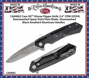 WR Case & Sons Cutlery CA64662 Case XX� Kinzua Flipper Knife 3.4" CPM-S35VN Stonewashed Spear Point Plain Blade, Stonewashed Black Anodized Aluminum Handles   