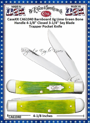 W.R. Case & Sons Cutlery CA61040 CaseXX Barnboard Jig Lime Green Bone Handle 4-1/8" Closed 3-1/4" Spey Blade Trapper Pocket Knife W.R. Case & Sons Cutlery CA61040 CaseXX Barnboard Jig Lime Green Bone Handle 4-1/8" Closed 3-1/4" Spey Blade Trapper Pocket Knife