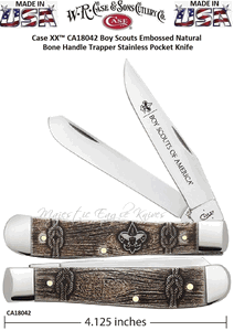 W.R. Case & Son's Cutlery CA18042 BSA Case Boy Scouts of America Embellished Smooth Natural Bone Handle Trapper Pocket Knife
