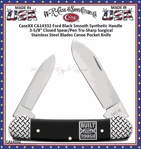 W.R. Case & Sons Cutlery CA14332 CaseXX "Built Ford Tough" Canoe Pocket Knife 3-5/8" Closed Mirror Polished Tru-Sharp Surgical Steel Blades. Nail Nicks. Ford Black Synthetic Smooth Handle  