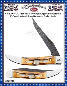 W.R. Case & Sons Cutlery CA27236 Case XX� Texas Toothpick Jigged Burnt Handle 3" Closed Natural Bone Damascus Pocket Knife 