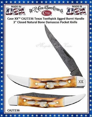 W.R. Case & Sons Cutlery CA27236 Case XX™ Texas Toothpick Jigged Burnt Handle 3" Closed Natural Bone Damascus Pocket Knife W.R. Case & Sons Cutlery CA27236 Case XX™ Texas Toothpick Jigged Burnt Handle 3" Closed Natural Bone Damascus Pocket Knife