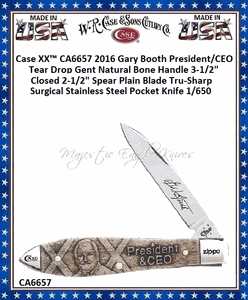 W.R. Case & Sons Cutlery CA6657 Case XX� 2016 Gary Booth President/CEO Natural Bone Handle Tear Drop Gent  3-1/2" Closed 2-1/2" Spear Point Plain Blade Stainless 1/650 Tru-Sharp Stainless Steel Pocket Knife