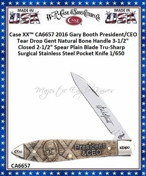 W.R. Case & Sons Cutlery CA6657 Case XX� 2016 Gary Booth President/CEO Natural Bone Handle Tear Drop Gent  3-1/2" Closed 2-1/2" Spear Point Plain Blade Stainless 1/650 Tru-Sharp Stainless Steel Pocket Knife