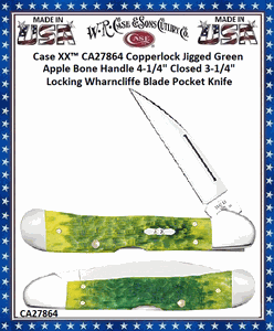 W.R. Case & Sons Cutlery CA27864 Case XX� Copperlock Jigged Green Apple Bone Handle 4-1/4" Closed 3-1/4" Locking Wharncliffe Blade Pocket Knife 
