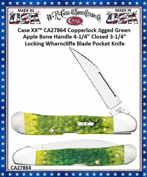W.R. Case & Sons Cutlery CA27864 Case XX™ Copperlock Jigged Green Apple Bone Handle 4-1/4" Closed 3-1/4" Locking Wharncliffe Blade Pocket Knife W.R. Case & Sons Cutlery CA27864 Case XX™ Copperlock Jigged Green Apple Bone Handle 4-1/4" Closed 3-1/4" Locking Wharncliffe Blade Pocket Knife