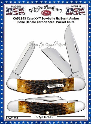 W.R. Case & Sons Cutlery CA51393 Case XX� Sowbelly Jig Burnt Amber Bone Handle Carbon Steel Pocket Knife