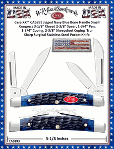 W.R. Case & Son's Cutlery CA6893 Case XX� Jigged Navy Blue Bone Handle Small Congress 3-1/8" Closed 2-3/8" Spear, 1-3/4" Pen, 1-3/4" Coping, 2-3/8" Sheepsfoot Coping Tru-Sharp Surgical Stainless Steel Pocket Knife