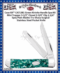 W.R. Case & Sons Cutlery CA71381 Case XX� Mini Trapper Green Sparxx Kirinite Sparx Handle Tru-Sharp Stainless Steel Pocket Knife