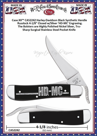 W.R. Case & Sons Cutlery CA52242 Case XX™ Harley-Davidson Black Synthetic Handle Russlock 4-1/8" Closed 2-3/4" Locking Clip(w/thumb Lever w/ The Bolsters are Highly Polished Nickel Silver, Tru-Sharp Surgical Stainless Steel Pocket Knife W.R. Case & Sons Cutlery CA52242 Case XX™ Harley-Davidson Black Synthetic Handle Russlock 4-1/8" Closed 2-3/4" Locking Clip(w/thumb Lever w/ The Bolsters are Highly Polished Nickel Silver, Tru-Sharp Surgical Stainless Steel Pocket Knife