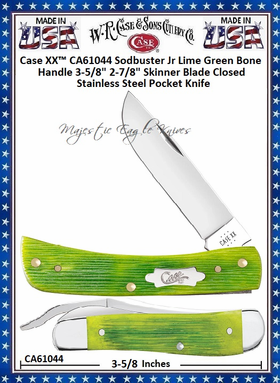 W.R. Case & Sons Cutlery CA61044 Case XX� Sodbuster Jr Lime Green Bone Handle 3-5/8" Closed 2-7/8" Skinner Blade Stainless Steel Pocket Knife