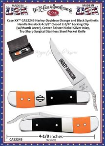 W.R. Case & Sons Cutlery CA52245 Case XX Harley-Davidson Orange and Black Synthetic Handle Russlock 4-1/8" Closed 2-3/4" Locking Clip(w/thumb Lever), Center Bolster Nickel Silver Inlay, Tru-Sharp Surgical Stainless Steel Pocket Knife 