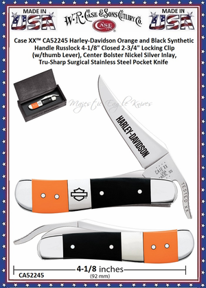 W.R. Case & Sons Cutlery CA52245 Case XX™ Harley-Davidson Orange and Black Synthetic Handle Russlock 4-1/8" Closed 2-3/4" Locking Clip(w/thumb Lever), Center Bolster Nickel Silver Inlay, Tru-Sharp Surgical Stainless Steel Pocket Knife W.R. Case & Sons Cutlery CA52245 Case XX™ Harley-Davidson Orange and Black Synthetic Handle Russlock 4-1/8" Closed 2-3/4" Locking Clip(w/thumb Lever), Center Bolster Nickel Silver Inlay, Tru-Sharp Surgical Stainless Steel Pocket Knife