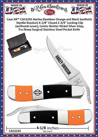 W.R. Case & Sons Cutlery CA52245 Case XX™ Harley-Davidson Orange and Black Synthetic Handle Russlock 4-1/8" Closed 2-3/4" Locking Clip(w/thumb Lever), Center Bolster Nickel Silver Inlay, Tru-Sharp Surgical Stainless Steel Pocket Knife W.R. Case & Sons Cutlery CA52245 Case XX™ Harley-Davidson Orange and Black Synthetic Handle Russlock 4-1/8" Closed 2-3/4" Locking Clip(w/thumb Lever), Center Bolster Nickel Silver Inlay, Tru-Sharp Surgical Stainless Steel Pocket Knife