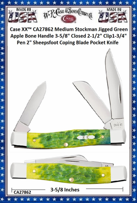 W.R. Case & Sons Cutlery CA27862 Case XX™ Medium Stockman Jigged Green Apple Bone Handle 3-5/8" Closed 2-1/2" Clip1-3/4" Pen 2" Sheepsfoot Coping Blade Pocket Knife W.R. Case & Sons Cutlery CA27862 Case XX™ Medium Stockman Jigged Green Apple Bone Handle 3-5/8" Closed 2-1/2" Clip1-3/4" Pen 2" Sheepsfoot Coping Blade Pocket Knife