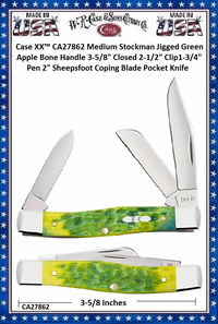 W.R. Case & Sons Cutlery CA27862 Case XX� Medium Stockman Jigged Green Apple Bone Handle 3-5/8" Closed 2-1/2" Clip1-3/4" Pen 2" Sheepsfoot Coping Blade Pocket Knife
