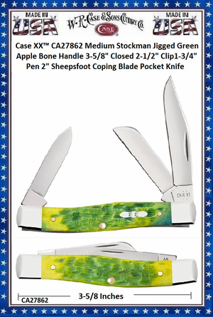 W.R. Case & Sons Cutlery CA27862 Case XX™ Medium Stockman Jigged Green Apple Bone Handle 3-5/8" Closed 2-1/2" Clip1-3/4" Pen 2" Sheepsfoot Coping Blade Pocket Knife W.R. Case & Sons Cutlery CA27862 Case XX™ Medium Stockman Jigged Green Apple Bone Handle 3-5/8" Closed 2-1/2" Clip1-3/4" Pen 2" Sheepsfoot Coping Blade Pocket Knife