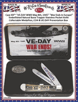 W.R. Case & Son's Cutlery CA11951 Case XX� "VE-DAY WWII May 8th, 1945" "War Ends In Europe!" Embellished Natural Bone Trapper Stainless Pocket Knife Collectable Medallion, COA & VE-DAY Presentation Box