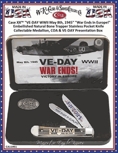 W.R. Case & Son's Cutlery CA11951 Case XX� "VE-DAY WWII May 8th, 1945" "War Ends In Europe!" Embellished Natural Bone Trapper Stainless Pocket Knife Collectable Medallion, COA & VE-DAY Presentation Box