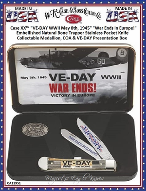 W.R. Case & Son's Cutlery CA11951 Case XX� "VE-DAY WWII May 8th, 1945" "War Ends In Europe!" Embellished Natural Bone Trapper Stainless Pocket Knife Collectable Medallion, COA & VE-DAY Presentation Box