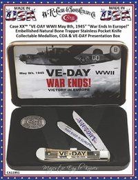 W.R. Case & Son's Cutlery CA11951 Case XX™ "VE-DAY WWII May 8th, 1945" "War Ends In Europe!" Embellished Natural Bone Trapper Stainless Pocket Knife Collectable Medallion, COA & VE-DAY Presentation Box W.R. Case & Son's Cutlery CA11951 Case XX™ "VE-DAY WWII May 8th, 1945" "War Ends In Europe!" Embellished Natural Bone Trapper Stainless Pocket Knife Collectable Medallion, COA & VE-DAY Presentation Box