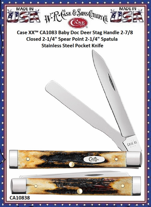 W.R. Case & Sons Cutlery CA1083 Case XX™ Baby Doc Deer Stag Handle 2-7/8 Closed 2-1/4" Spear Point 2-1/4" Spatula Stainless Steel Pocket Knife W.R. Case & Sons Cutlery CA1083 Case XX™ Baby Doc Deer Stag Handle 2-7/8 Closed 2-1/4" Spear Point 2-1/4" Spatula Stainless Steel Pocket Knife