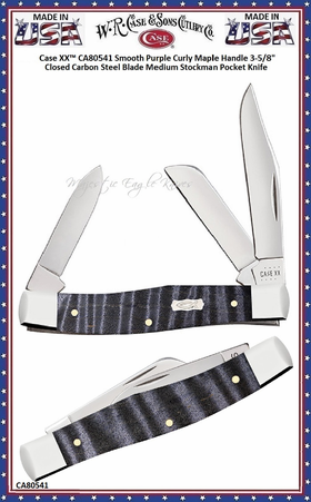 W.R. Case & Sons Cutlery CA80541 Case XX� Smooth Purple Curly Maple Medium Stockman Pocket Knife 3.25" Closed Mirror-polished Tru-Sharp Surgical Steel Bladed Pocket Knife