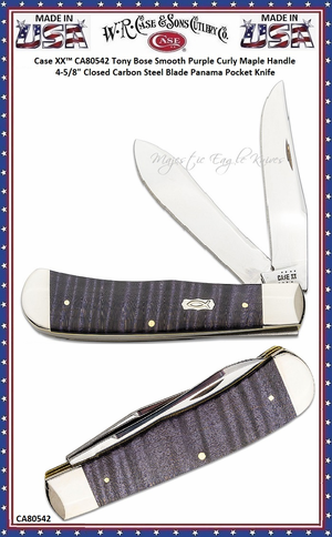 W.R. Case & Sons Cutlery CA80542 Case XX� Tony Bose Smooth Purple Curly Maple Panama Trapper 4.63" Closed Mirror-polished Tru-Sharp Surgical Steel Bladed Pocket Knife 