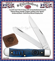 W.R. Case & Sons Cutlery CA17726 CaseXX US Navy Gift Set Embellished Smooth Natural Bone Handle Trapper w/Blue Color Wash/Ambered/Black Definition/Wood Display Box W.R. Case & Sons Cutlery CA17726 CaseXX US Navy Gift Set Embellished Smooth Natural Bone Handle Trapper w/Blue Color Wash/Ambered/Black Definition/Wood Display Box