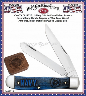 W.R. Case & Sons Cutlery CA17726 CaseXX US Navy Gift Set Embellished Smooth Natural Bone Handle Trapper w/Blue Color Wash/Ambered/Black  Definition/Wood Display Box