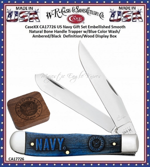 W.R. Case & Sons Cutlery CA17726 CaseXX US Navy Gift Set Embellished Smooth Natural Bone Handle Trapper w/Blue Color Wash/Ambered/Black  Definition/Wood Display Box