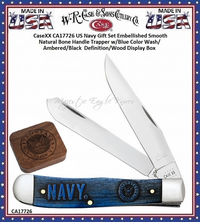 W.R. Case & Sons Cutlery CA17726 CaseXX US Navy Gift Set Embellished Smooth Natural Bone Handle Trapper w/Blue Color Wash/Ambered/Black Definition/Wood Display Box W.R. Case & Sons Cutlery CA17726 CaseXX US Navy Gift Set Embellished Smooth Natural Bone Handle Trapper w/Blue Color Wash/Ambered/Black Definition/Wood Display Box