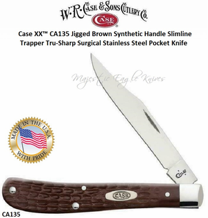 W.R. Case & Son's Cutlery CA135 Case XX� Slimline Trapper Work Knife Jigged Brown Synthetic Handle 3 1/4" Clip Plain Blade Tru-Sharp Surgical Stainless Steel Pocket Knife  
