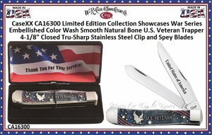 W.R. Case & Sons Cutlery CA16300 CaseXX Limited Edition Collection Showcases War Series Embellished Color Wash Smooth Natural Bone U.S. Veteran Trapper 4-1/8" Closed Tru-Sharp Stainless Steel Clip and Spey Blades W.R. Case & Sons Cutlery CA16300 CaseXX Limited Edition Collection Showcases War Series Embellished Color Wash Smooth Natural Bone U.S. Veteran Trapper 4-1/8" Closed Tru-Sharp Stainless Steel Clip and Spey Blades