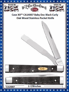 W.R. Case & Sons Cutlery CA14007 Case XX� Baby Doc Smooth Black Curly Oak Wood Handle 2-7/8" Closed 3" Razor 2-1/4" Spear Point 2-1/4" Spatula Stainless Steel Blades Pocket Knife