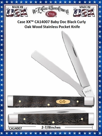 W.R. Case & Sons Cutlery CA14007 Case XX� Baby Doc Smooth Black Curly Oak Wood Handle 2-7/8" Closed 3" Razor 2-1/4" Spear Point 2-1/4" Spatula Stainless Steel Blades Pocket Knife