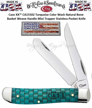 W.R. Case & Son's Cutlery CA15502 Case 3-1/2" Mirror-Polished Tru-Sharp Surgical Steel Clip and Spey Plain Blades Smooth Natural Bone w/Turquoise Color Wash Handle Mini Trapper Pocket Knife 