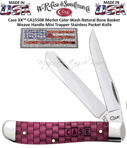 W.R. Case & Son's Cutlery CA15508 Case 3-1/2" Mirror-Polished Tru-Sharp Surgical Steel Clip and Spey Plain Blades Smooth Natural Bone w/Merlot Color Wash Handle Mini Trapper Pocket Knife 