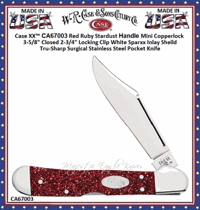 W.R. Case & Sons Cutlery CA67003 Case XX� Red Ruby Stardust Handle Mini Copperlock 3-5/8" Closed 2-3/4" Locking Clip White Sparxx Inlay Sheild Tru-Sharp Surgical Stainless Steel Pocket Knife 