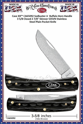 W.R. Case & Sons Cutlery CA65092 Case XX� Sodbuster Jr Buffalo Horn Handle 3 5/8 Closed 2 7/8" Skinner S35VN Stainless Steel Plain Blade Pocket Knife