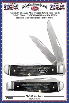 W.R. Case & Sons Cutlery CA65093 Case XX� Mini Trapper Buffalo Horn Handle 3-1/2" Closed 2-3/4" Clip & Wharncliffe S35VN Stainless Steel Plain Blade Pocket Knife