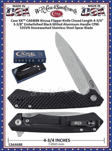 W.R. Case & Sons Cutlery CA64688 Case XX� Kinzua Flipper Knife Closed Length 4-3/4" 3-3/8" Embellished Black Milled Aluminum Handle CPM-S35VN Stonewashed Stainless Steel Spear Blade