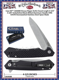 W.R. Case & Sons Cutlery CA64688 Case XX™ Kinzua Flipper Knife Closed Length 4-3/4" 3-3/8" Embellished Black Milled Aluminum Handle CPM-S35VN Stonewashed Stainless Steel Spear Blade W.R. Case & Sons Cutlery CA64688 Case XX™ Kinzua Flipper Knife Closed Length 4-3/4" 3-3/8" Embellished Black Milled Aluminum Handle CPM-S35VN Stonewashed Stainless Steel Spear Blade